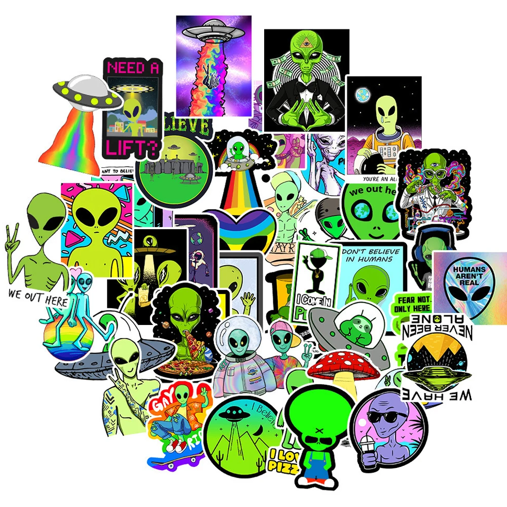 50PCS Cool UFO Alien Stickers Laptop Water Bottle Skateboard Guitar Waterproof Aesthetic Graffiti Decal Sticker Packs Kid Toy