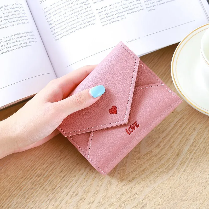 Korean Women Short Wallets Love Embroidery Small PU Leather Coin Purse Ladies Female Hasp Clutch Multifunction Money Card Holder