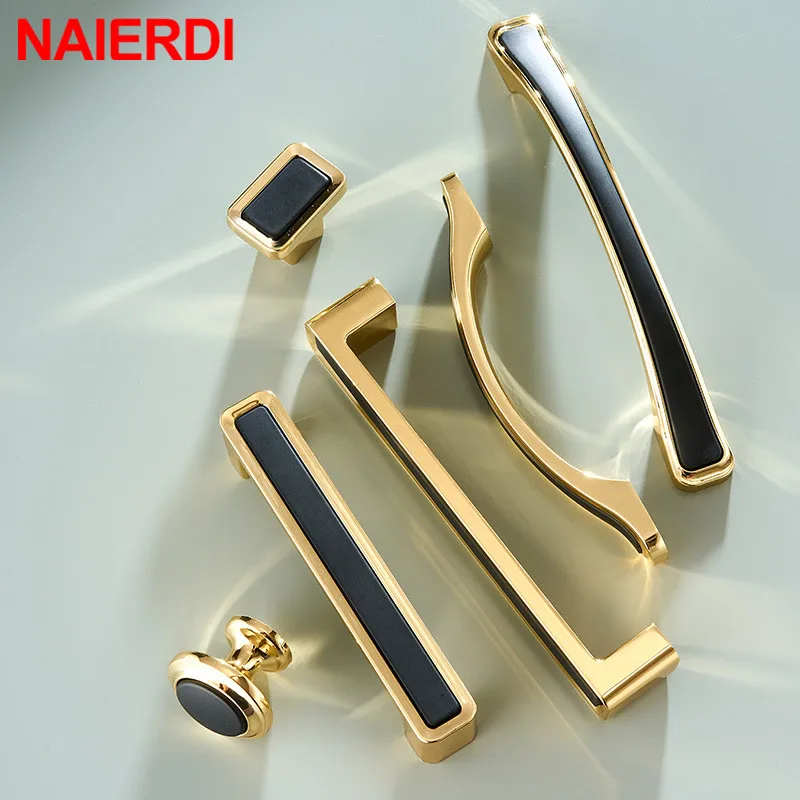 

NAIERDI 10PCS Zinc Alloy Black Gold Cabinet Handles Pulls Light luxury Furniture Handle Fashion Nordic Kitchen Cabinet Handles