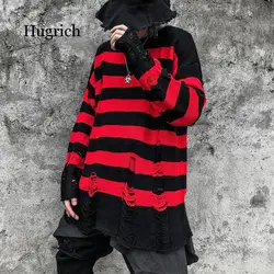 Black Red Striped Sweaters Washed Destroyed Ripped Men Hole Knit Jumpers Men Women Oversized Sweater