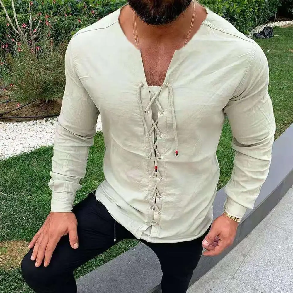 Medieval Shirt Lace-up Men Cotton Shirts Pirate Landlord Knight Tunic Casual Shirt