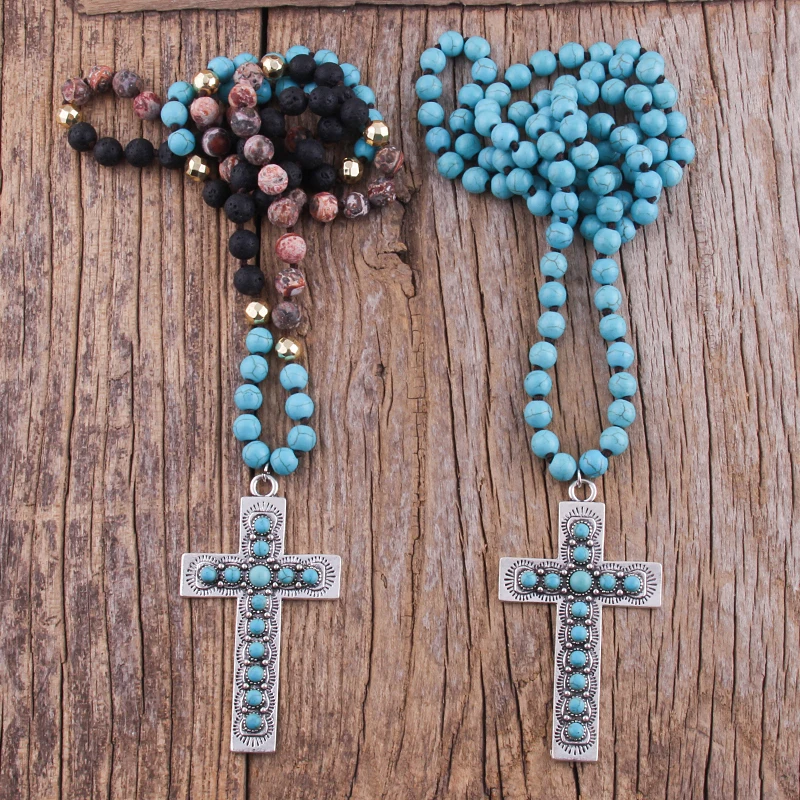 RH Fashion Bohemian Jewelry Accessory Blue Stones Knotted Metal Cross Necklace Women Boho Gift Dropship