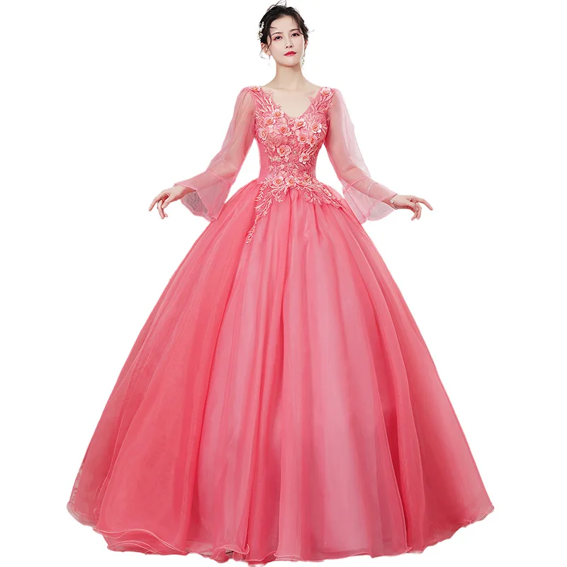 Quinceanera Dresses 2022 Vestidos The Party Prom V-neck Long Sleeve Ball Gown Luxury Lace Appliques Quinceanera Dress Host Dress