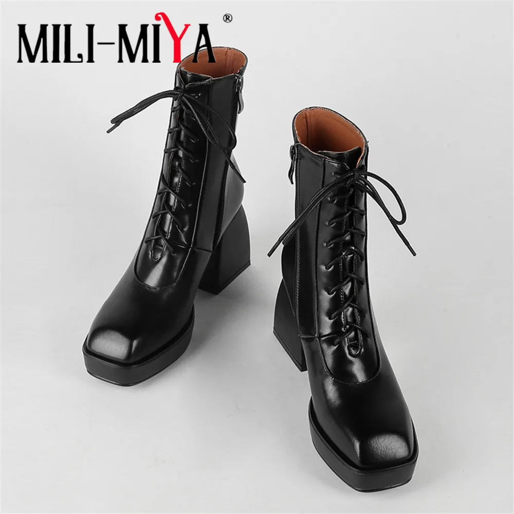 

MILI-MIYA European American Fashion Square Toe Zipper Women Shoes Platform Thick Heel Cross Tied Top Quality Leather Ankle Boots