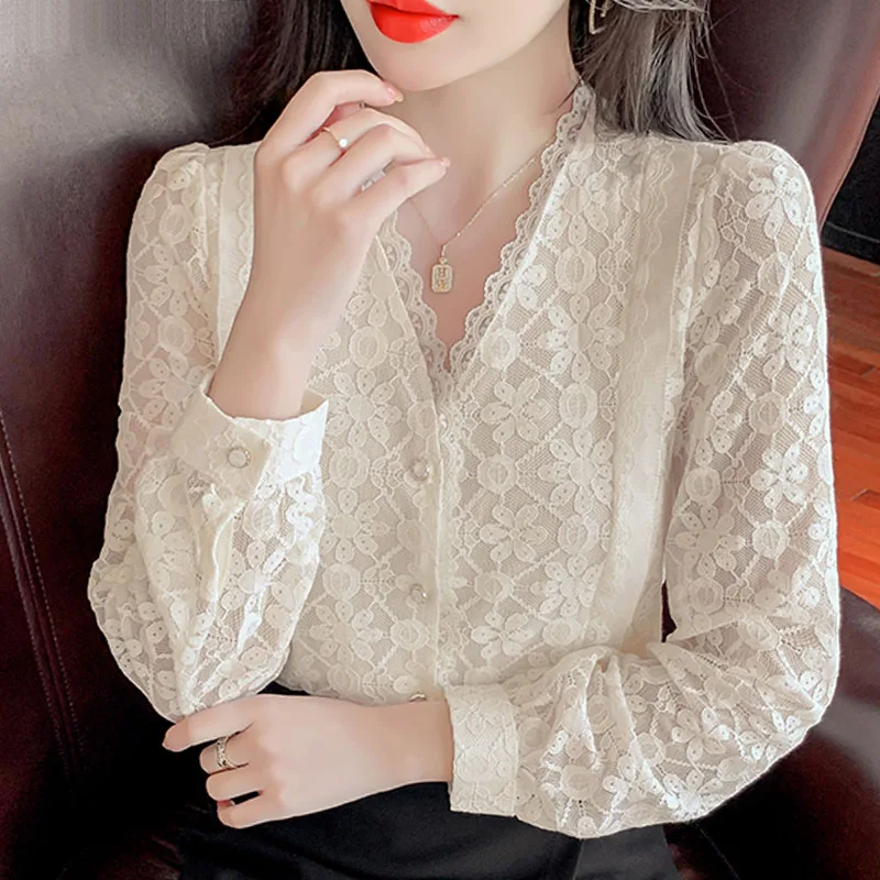 Chiffon Shirt Women Autumn Clothes Long Sleeved Lace Tops Mujer French Style Elegant V-Neck Lantern Sleeve Solid  2271