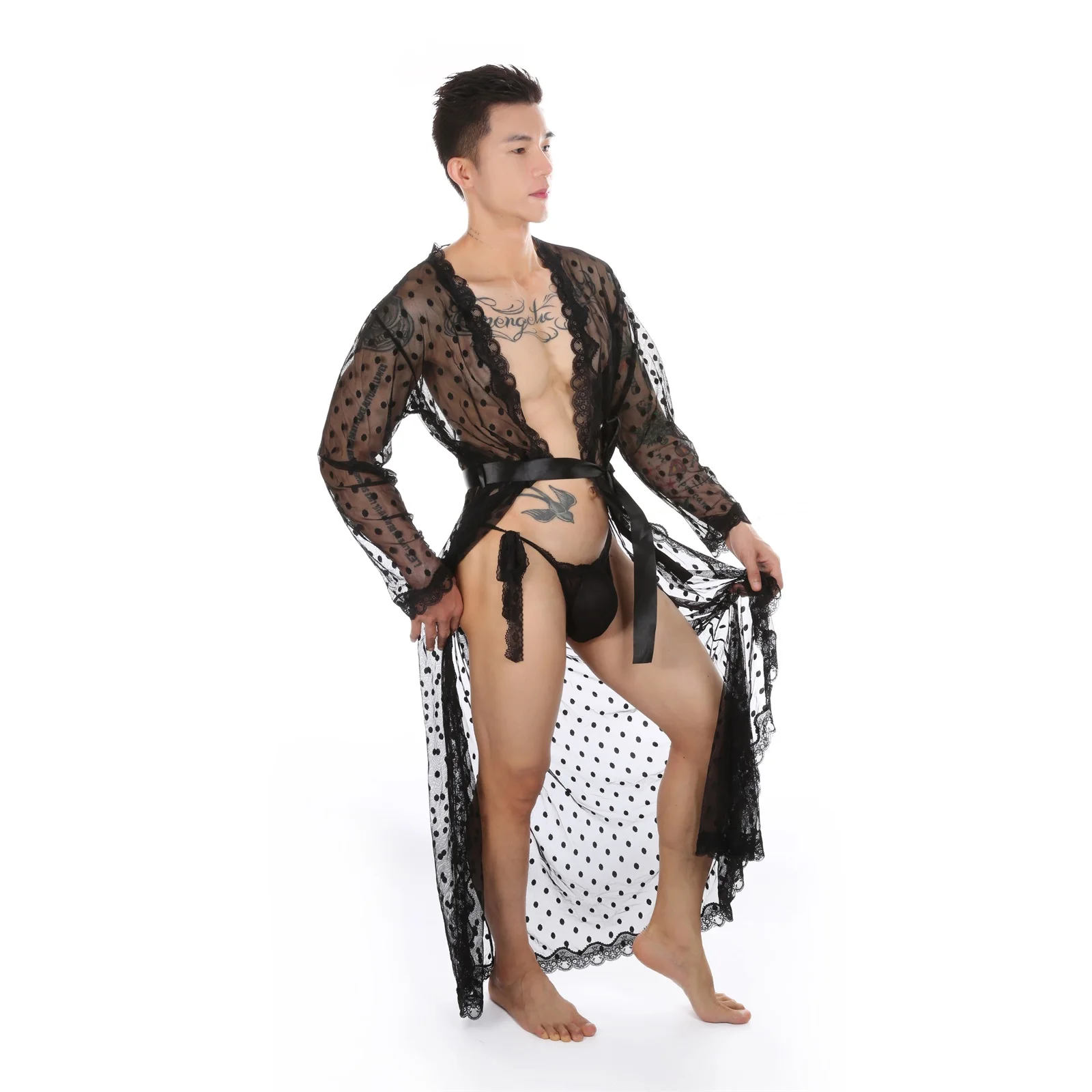 

CLEVER-MENMODE Sexy Lingerie Robe Lace Sheer Long Bathrobe Nightwear Erotic See Through Men Dressing Gown and Thong Sleepwear