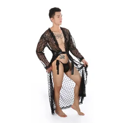 CLEVER-MENMODE sexy lingerie robe rendas sheer longo roupão de noite erótico ver através dos homens roupão e roupa de dormir tanga