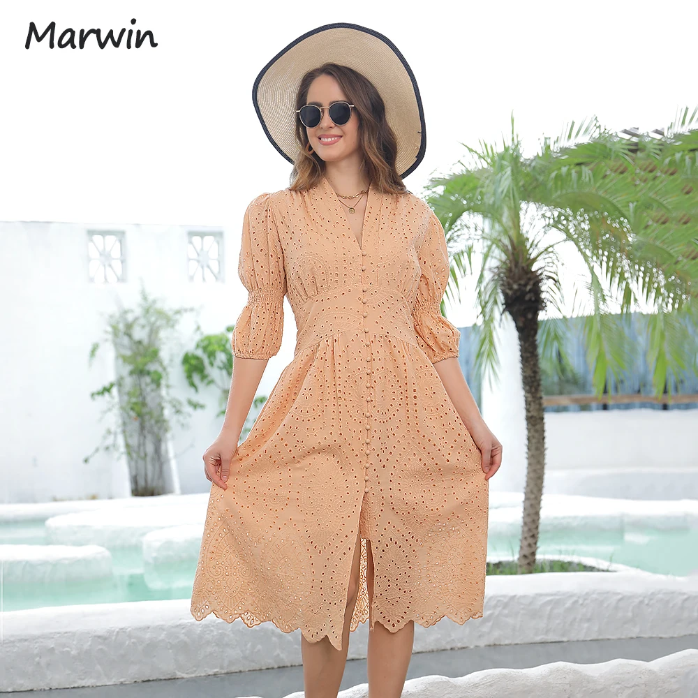 Marwin Long Simple Casual Solid Hollow Out Pure Cotton Holiday Style High Waist Fashion Mid-Calf Autumn Puff Dresses NEW Vestido