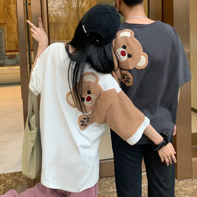 Summer Cute Funny Couple T Shirts Women Kawaii Furry Cartoon Bear Embroidery Half Sleeves Tshirt Bestie Friends Matching Tee Top