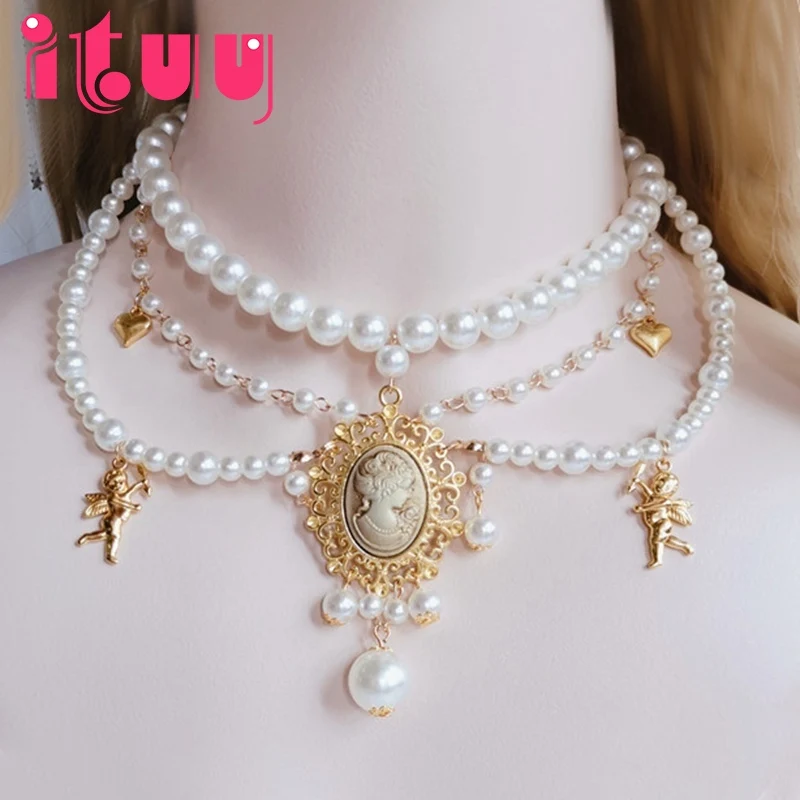 Handmade Necklace Virgin Mary Heart Cupid Pendant Pearl Necklace Lolita Wedding Bride Accessorise Retro Collarbone Chain