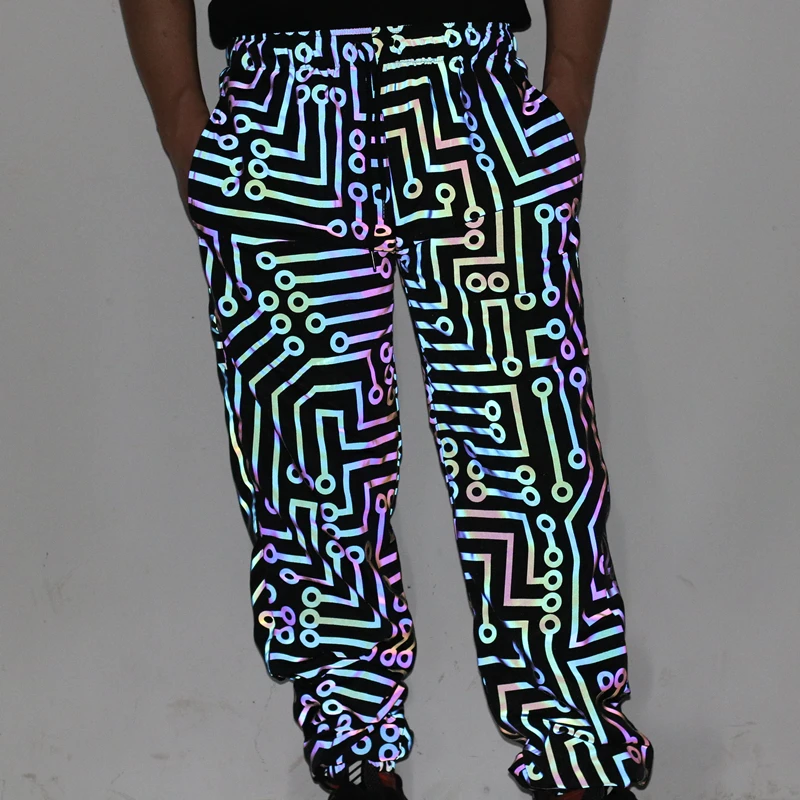 Colorful Reflective Joggers Men Loose Hip Hop Pants Geometric Circuit Lines Harajuku Casual Sports Trousers Jogging Sweatpants