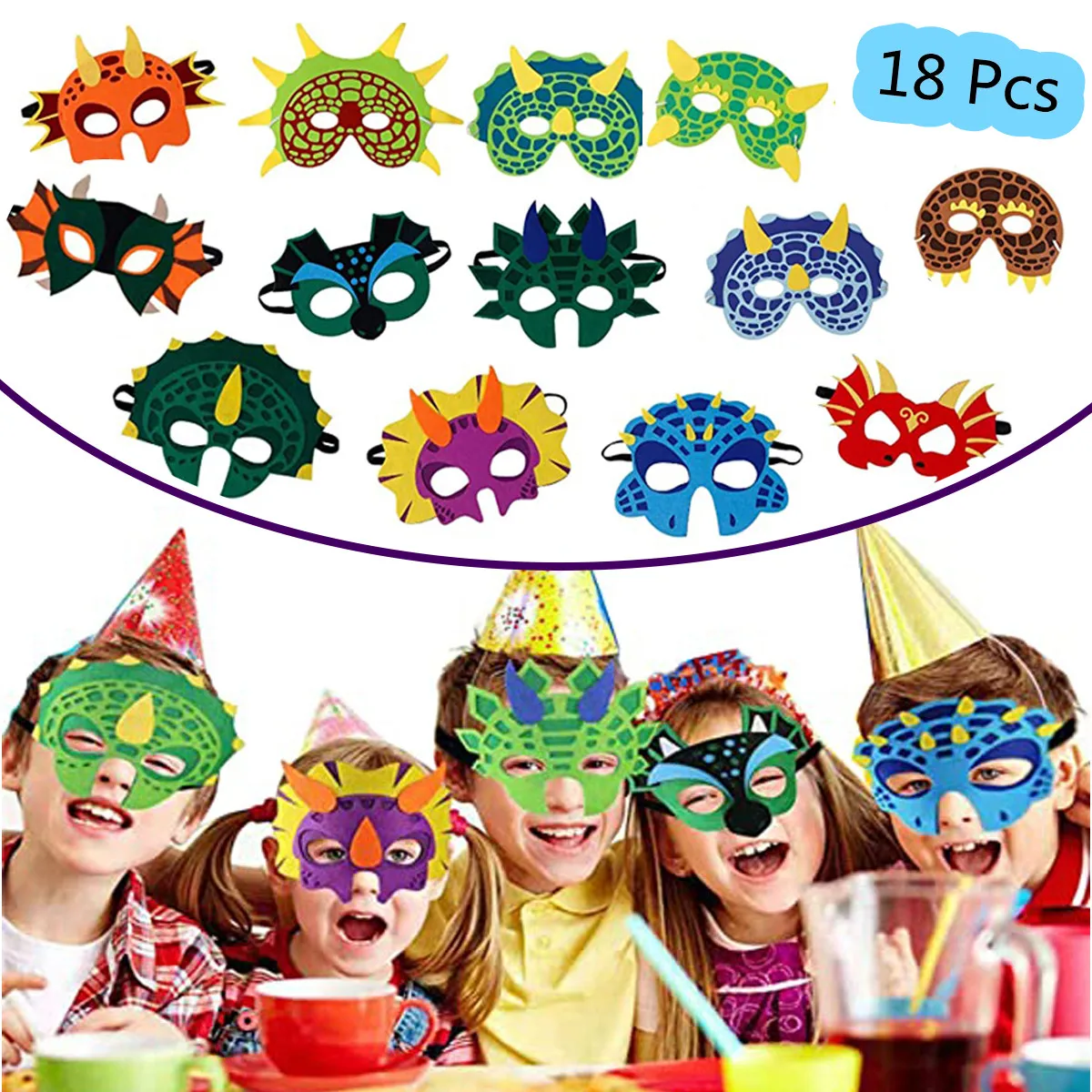 6/8/12/18 Pcs Dinosaur Party Masks Elastic and Felt Child Maques Foam Dragon Face Mask for Kids Themed Masquerade Halloween Gift