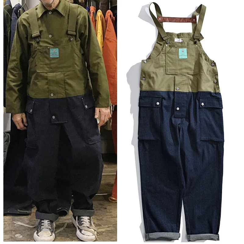 Hip Hop Bib Overalls Trousers Mens Safari Cargo Work Strap Pants Functional Multi Pockets Denim Pant Coveralls Men Bib Overalls