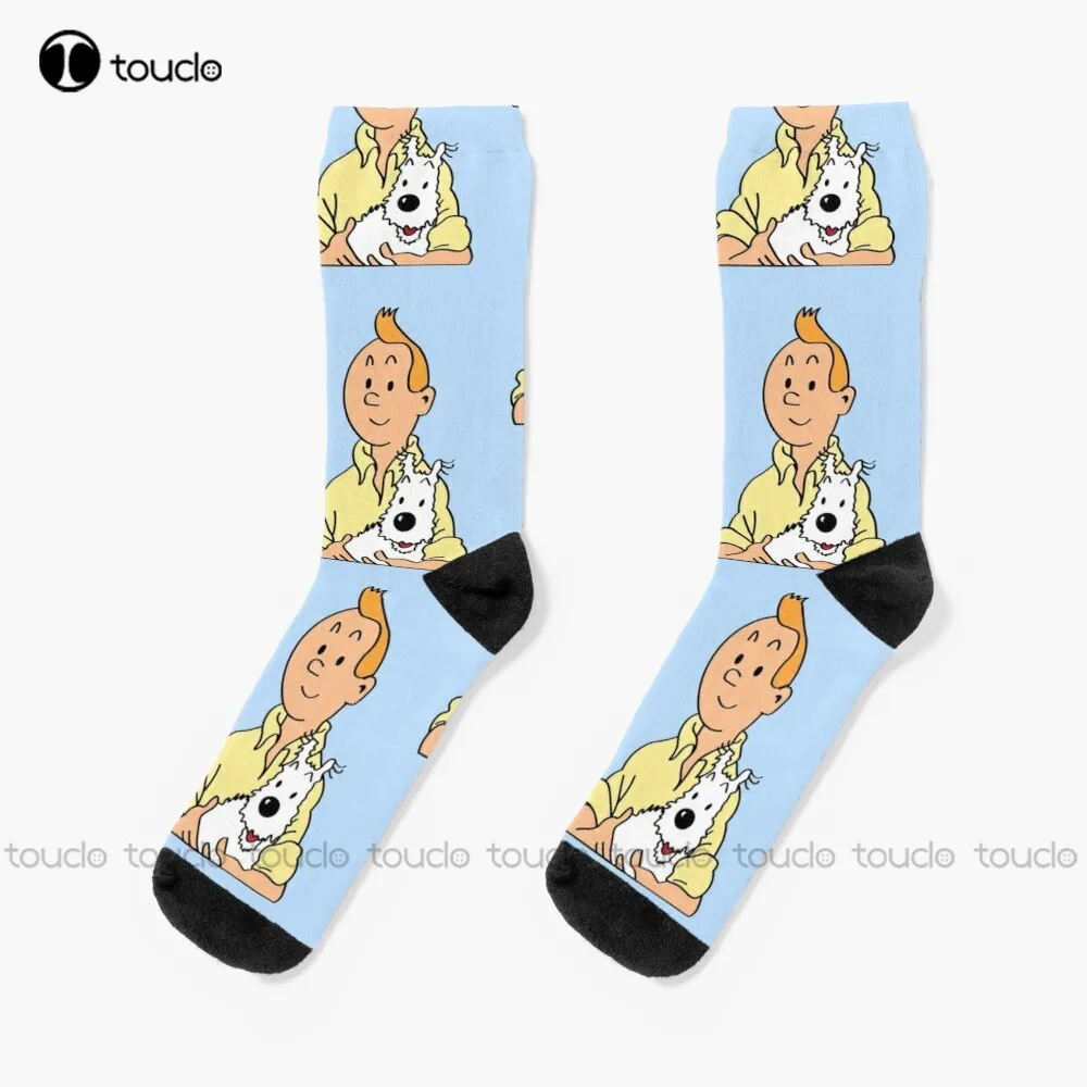 Tin Tin And Snowy Cartoon Socks Womens Black Socks Personalized Custom Unisex Adult Teen Youth Socks 360° Digital Print