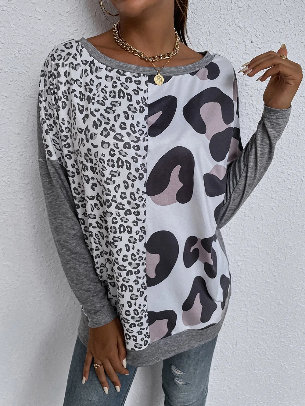 Women's Casual O Neck Leopard Print Tops Female Spring 2021 Ladies Design T-Shirts Long Sleeve Tshirts GREY Color Clothing