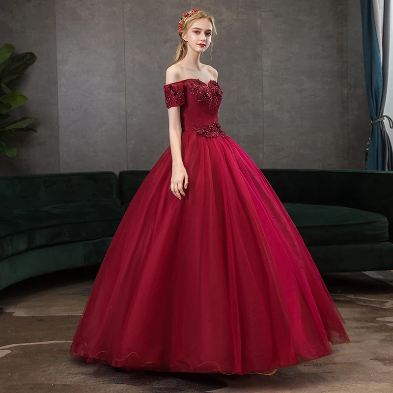 Burgundy Quinceanera Dress Off The Shoulder party Prom Ball Gown Lace Vintage Solo Host Formal Quinceanera Dresses