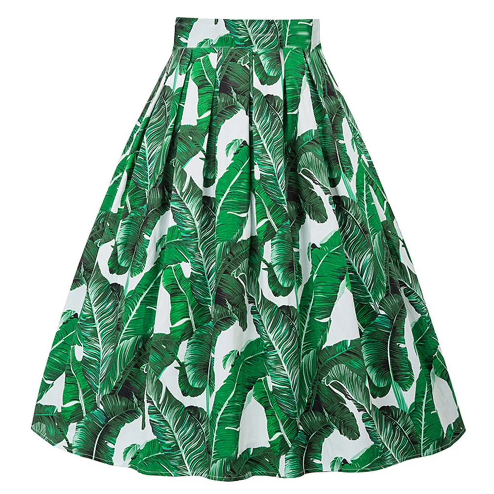 2022 Leaves Printed 50s 60s Comfortable Cotton Vintage Skirts SS0012 Pleated Skirt with Bow on Waist