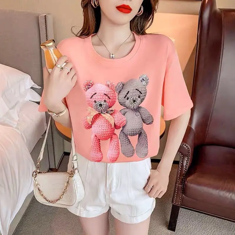 T-shirt manches courtes en coton pour femmes, vêtements d'été, blanc, industrie lourde, Flash, gros ongles, perle, ours de dessin animé, Tops amples, rajeunissants