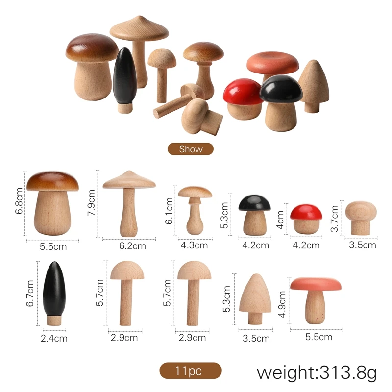 11Pcs Baby Wooden Mushroom Building Blocks Montessori Educational Toy Teething Toy Senses Grasp Balance Brain Game Newborn Gift