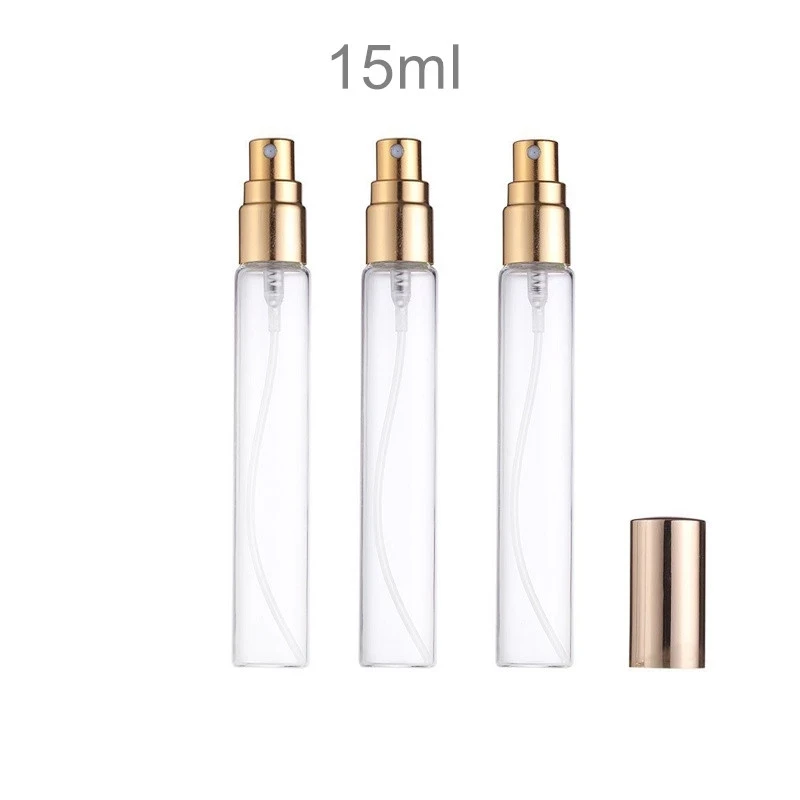 

20pcs/lot 5ML 10ML 15ML Transparent Thin Glass Spray Bottle Sample Glass Vials Portable Mini Perfume Atomizer Gold Silver Cap