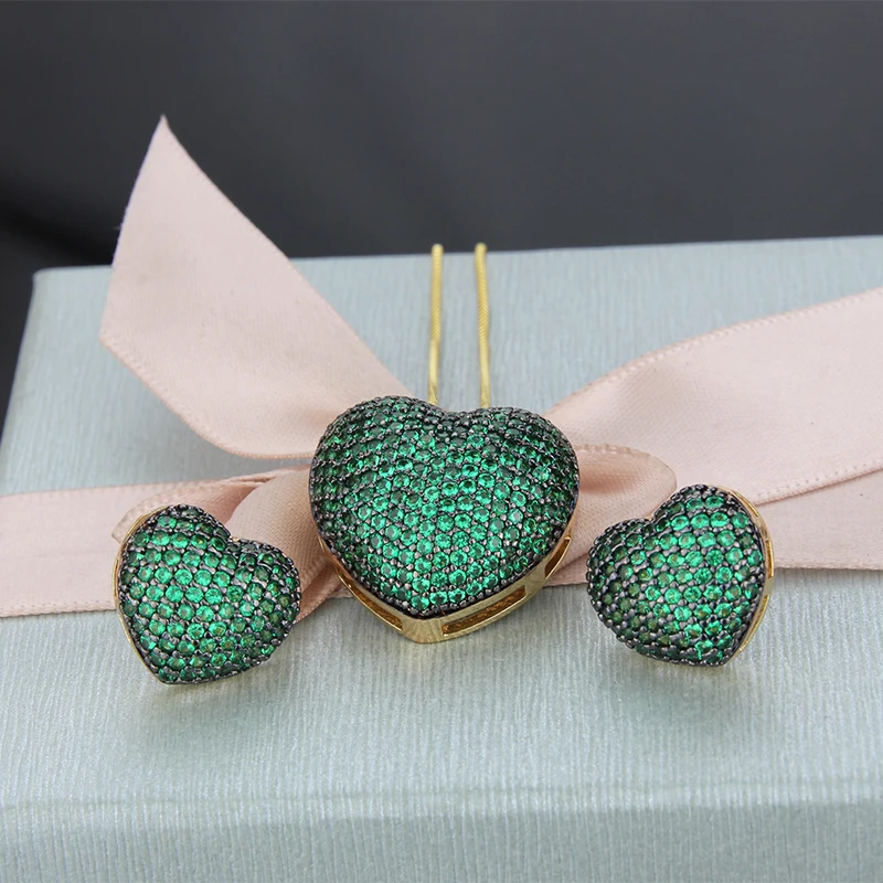 SUNSLL Fashion Heart Multicolor Cubic Zirconia Pendant Necklaces And Stud Earrings For Women Girls Love Party Jewelry Sets