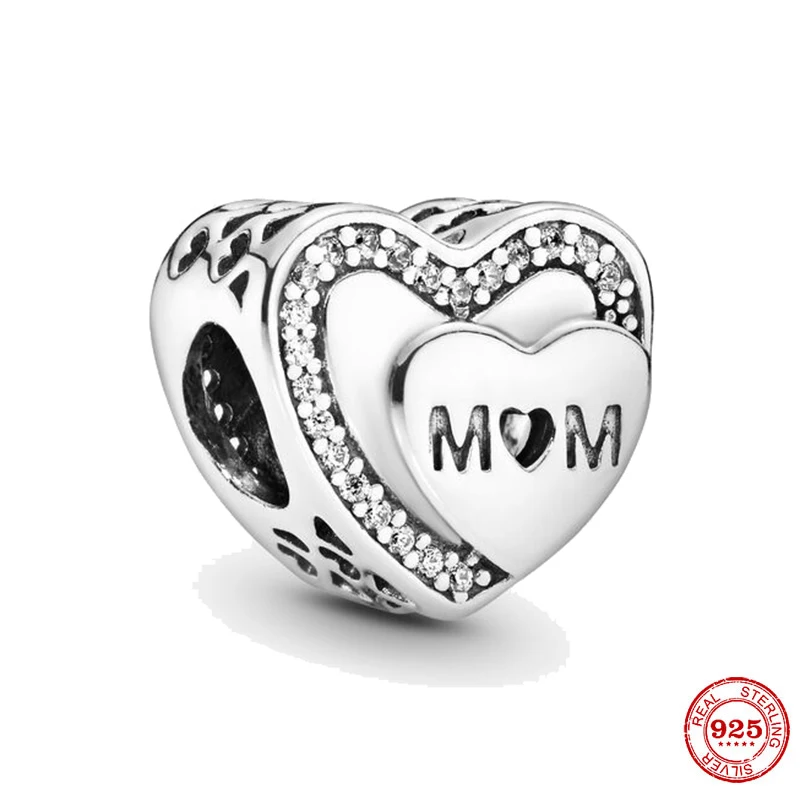 

Hight Quality 925 Sterling Silver Heart MOM Letter Clear CZ Charm Fit Pandora Charm Bracelet DIY Jewelry Mother Gift