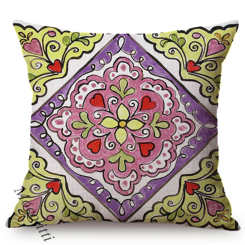 Mandala Flower Pillow Cover Colorful Gypsy Home Decoration Square Cushion Cover Boho Bouquet Cotton Linen Sofa Throw Pillowcases