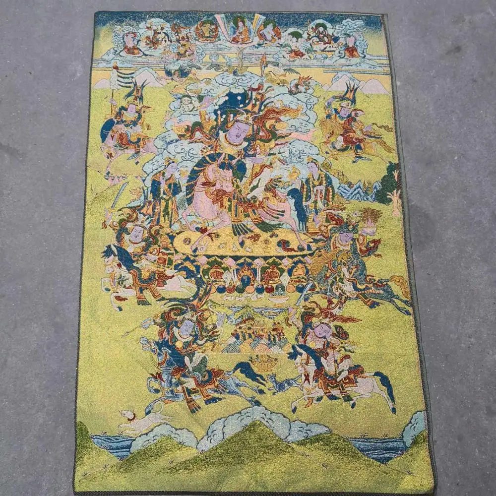 

35"Thangka Embroidery Tibetan Buddhism silk Embroidery brocade Nepal King Gesar statue Tibetan hero Buddha Thangka Worship Hall