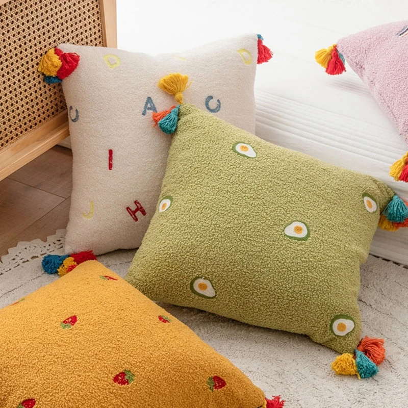 Cute Fruit Embroidery Throw Pillow Case with Rainbow Tassels Bohemian Woven Tufted Kawaii Decorative Cushion Cover