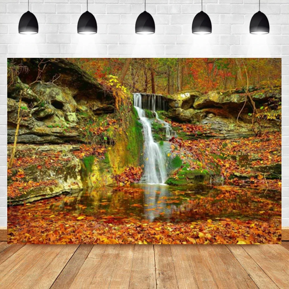 Autumn Fallen Leaves Forest Waterfall Landscape Natursal Scenic Photographic Backgrounds Photographic Backdrops For Photozone