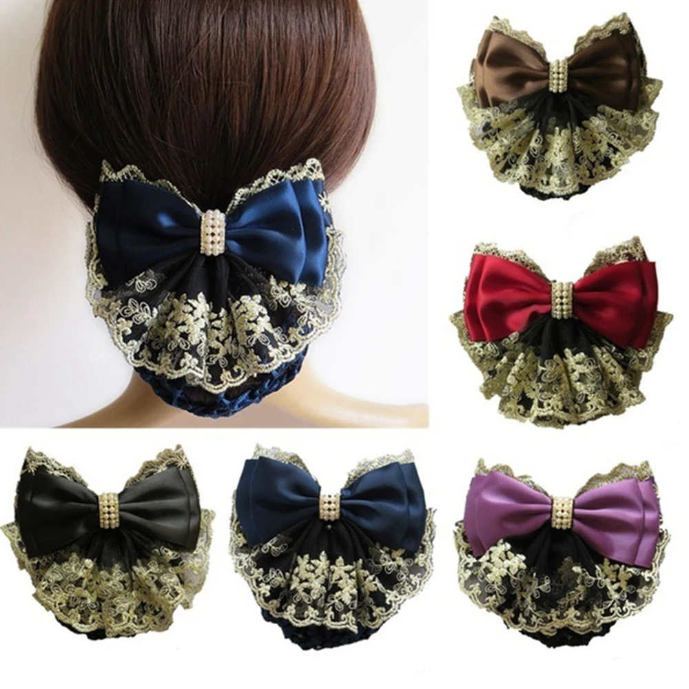 New Floral Lace Satin Bow Hair Net Barrette Bank Staff Flight Attendant Nurses Satin Hair Clip Net Snood Women Hair Accessories