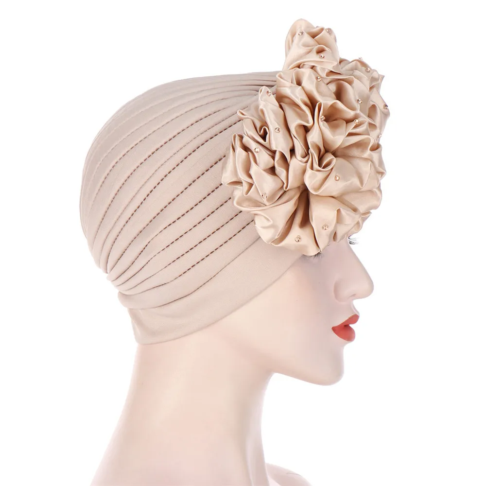 Donne fiori volant Turbante cappellini perle elastiche musulmane foulard cofano accessori per capelli da donna berretto indiano berretti Turbante nuovo