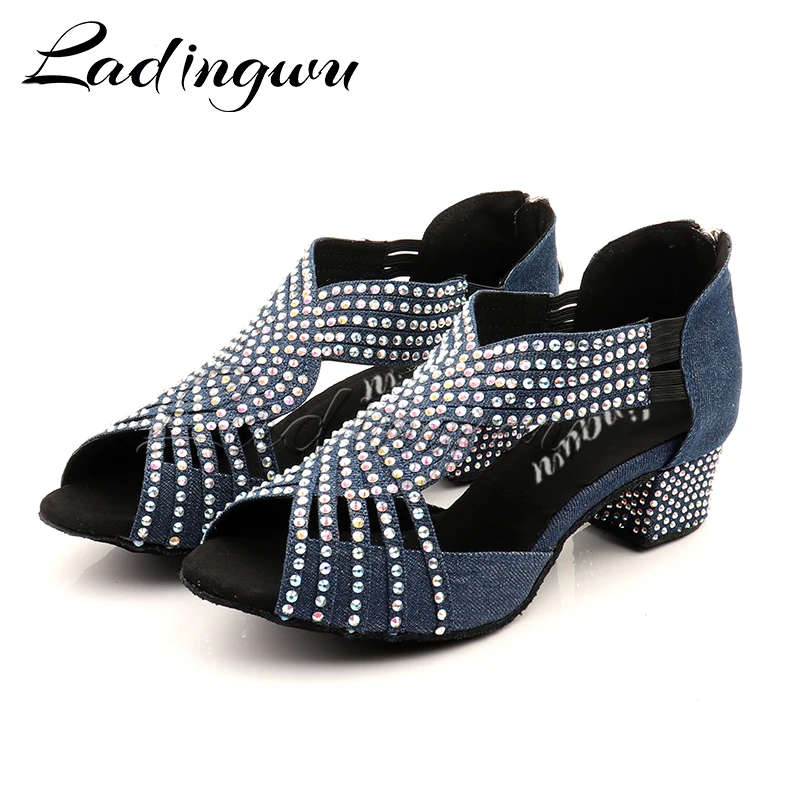 Ladingwu Low-heeled Latin Dance Shoes Salsa Women Dark blue Denim Collocation Shine Rhinestone Dance Shoes Woman Ballroom indoor