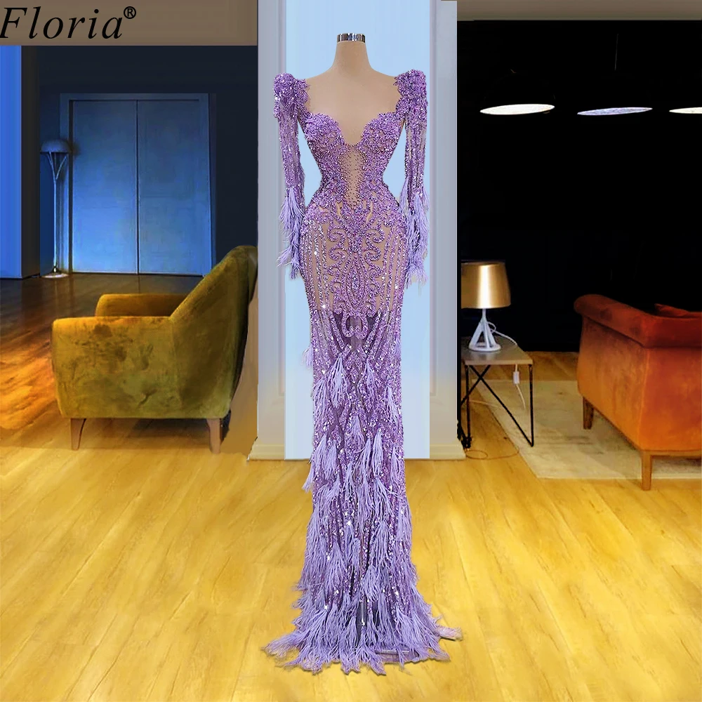 Illusion Purple Glitter Evening Dresses Mermaid Arabic Long Sleeves Formal Robe De Soiree Sexy Women Prom Dresses Party Gowns