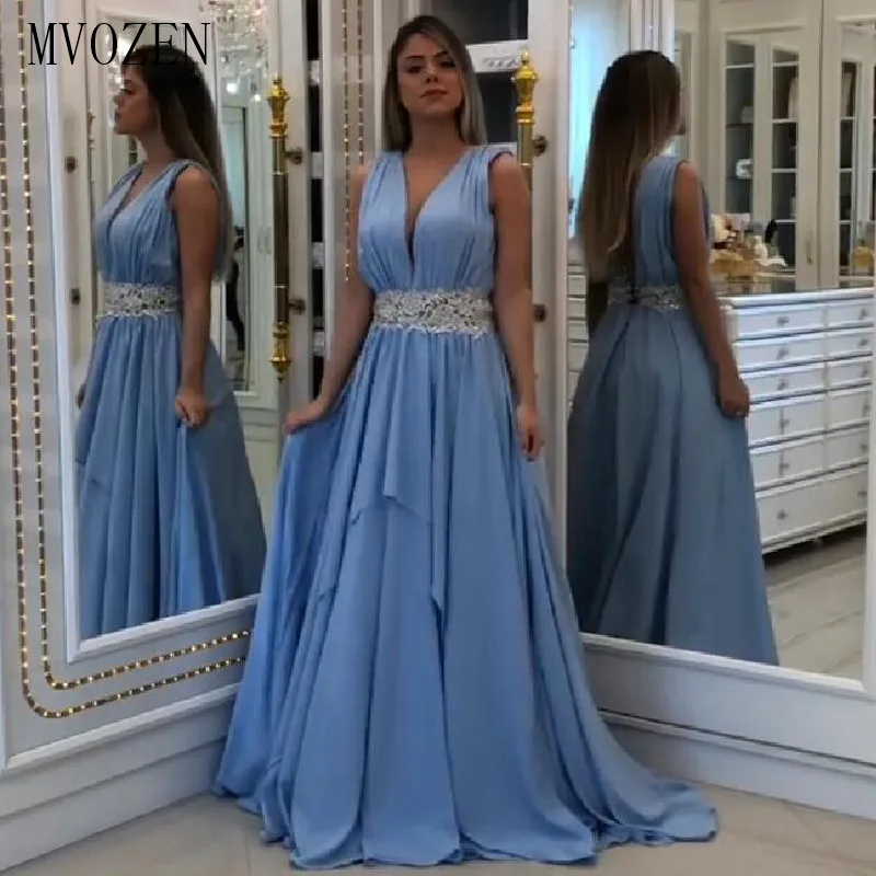 Vestido de noche largo de gasa con cuello en V, traje Formal plisado con cuentas hasta el suelo, color azul cielo, 2023