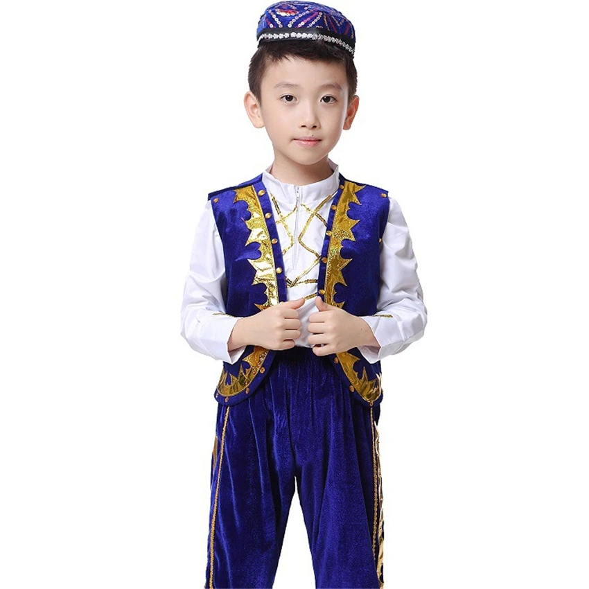 Ropa musulmana tradicional para niño islámico, conjunto de baile árabe Jubba Thobe, actuación árabe, Arabia Saudita, Top + pantalón + sombrero