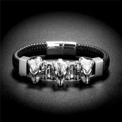 Clearance Sale Fashion Genuine Leather Bracelet Men Three Stainless Steel Wolf Head Bracelets Bangles for Men Male Jewelry Gift