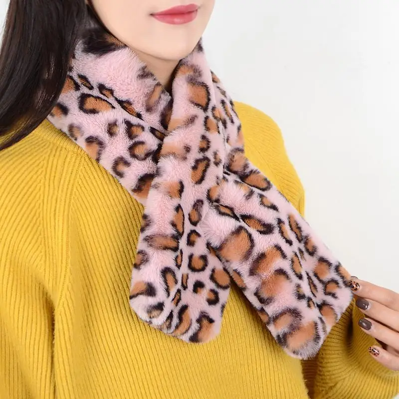 Korean Leopard Print Plush Scarf Winter Faux Rabbit Fur Thicken Warm False Collar Zebra Pattern Cross Neck Guard Warm Snood N37