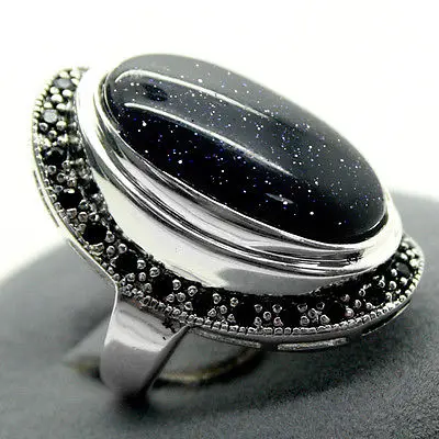 

unsex nice 17X30mm Blue Sandjade Oval Gem 925 Sterling Silver Marcasite Ring Size 7/8/9/10