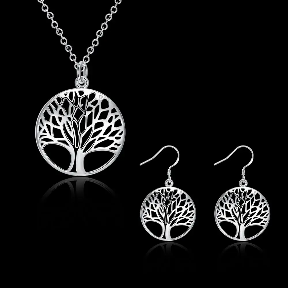 Wisdom Tree Necklace Earring Set 925 Sterling Silver Tree of Life Pendant Necklace and Earrings Christmas Gifts 2pcs Jewelry Set