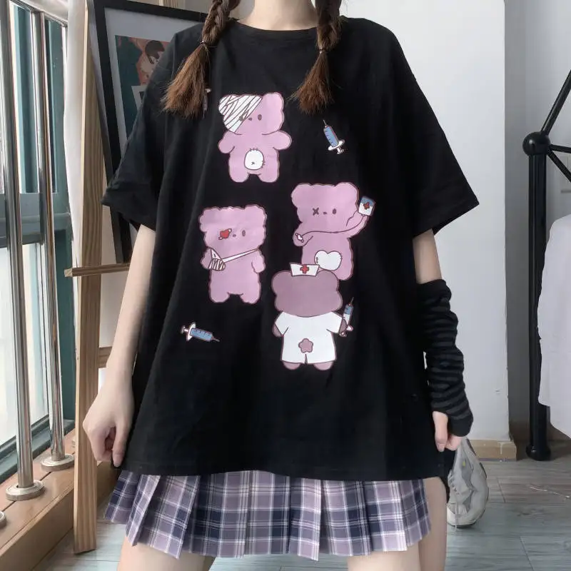 Cute Cartoon Clothes Loose Oversize Women T-shirt Punk Grunge Streetwear Black Top Harajuku Vintage Dropshipping Short Sleeve