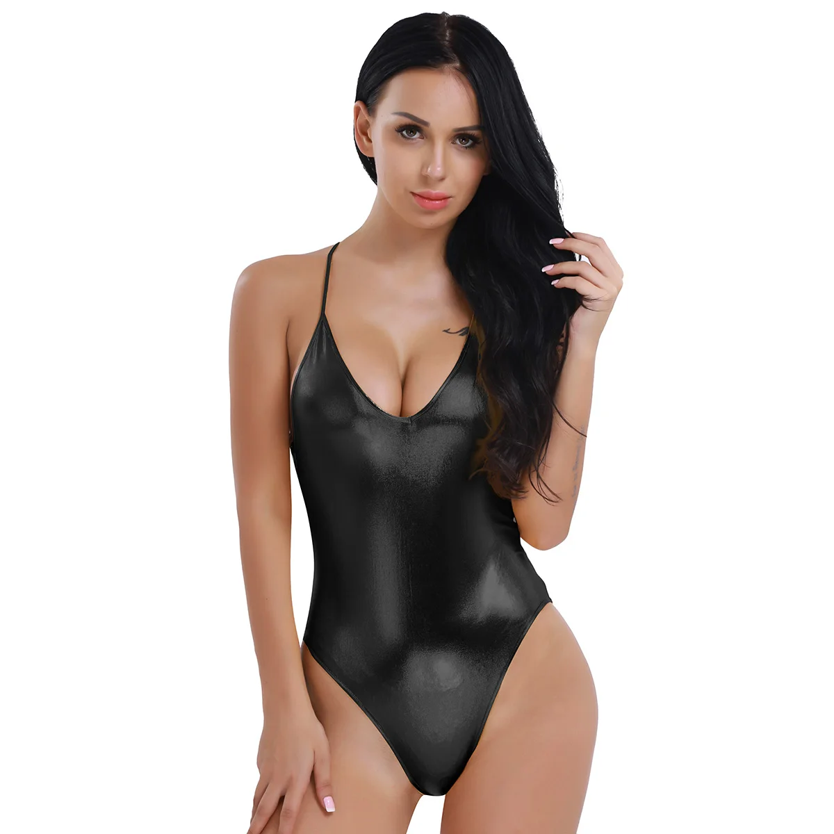 

Women Metallic Shiny Patent Leather Deep V Ballet Dance Leotard Gymnastics Dancing Class Skating Yoga Swimming Bodysuit Clubwear