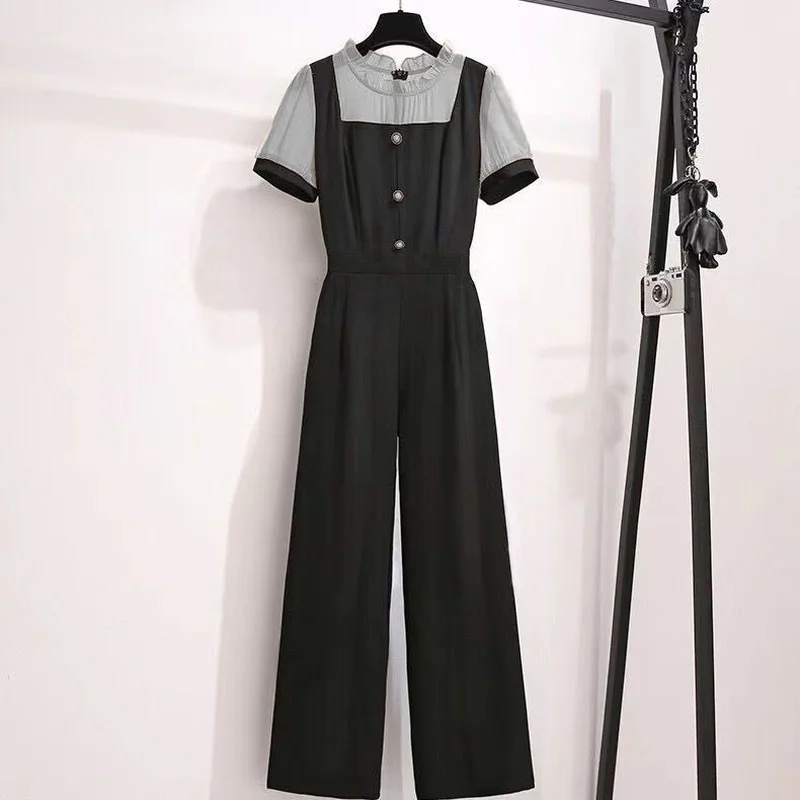 Jumpsuits Women Short Sleeve Overalls Long Straight Wide-leg Bottoms Fashion Summer Korean Style Patchwork High Waist Chic Daily