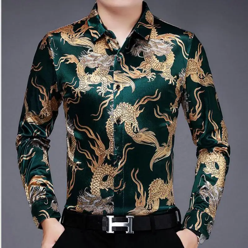 Oversized Flannel Luxury Man Clothes Green Velvet Blouse With Dragons For Mens Velour Shirts Red Winter Dress 2022 Fashionable