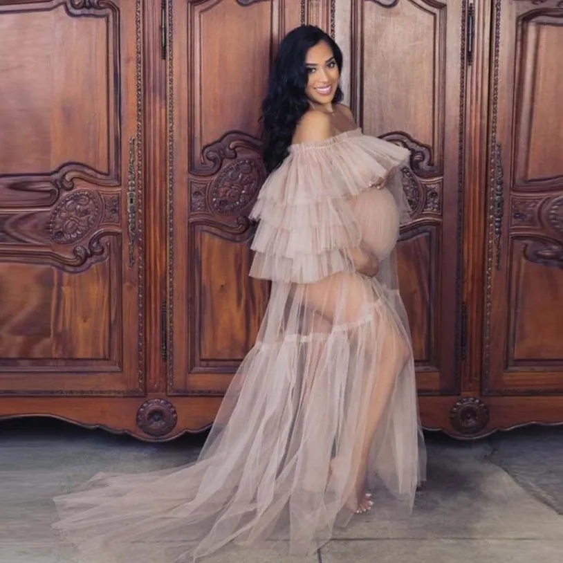 Hot Sale See Through Women Dress Off Shoulder Long Tulle Ruffles Pregnant Photo Shoot Dresses Plus Size Sheer Party Gown