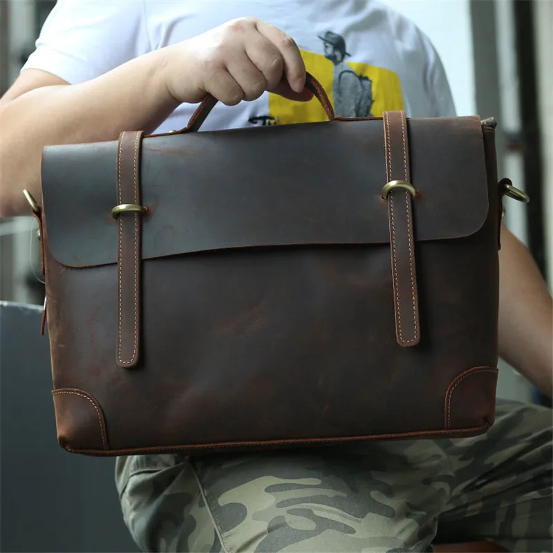 

Nesitu Highend A4 Dark Brown Thick Genuine Crazy Horse Leather 14'' Laptop Office Men's Briefcase Messenger Bag Portfolio M1033