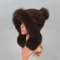 Real Mink Fur Hat with Fox Fur Ball Earmuffs Protective Cap Winter Hat for Women Russian Autumn Hat Fox Fur Beanies Fall Bonnets