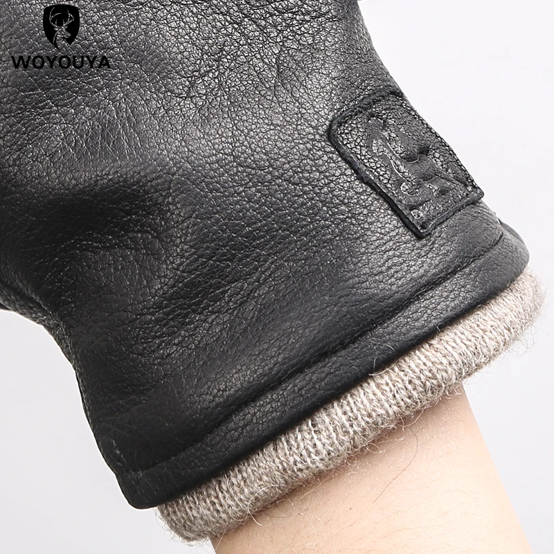 Guantes de cuero genuino para hombre, manoplas sencillas de piel de ciervo, para mantener el calor, color negro, para invierno, gloves-8011A