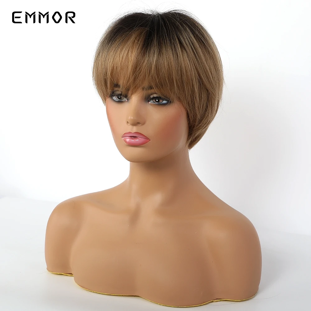 Emmor peruca de cabelo sintético, peruca curta com ombré preto a marrom, em camadas, natural com franja resistente ao calor