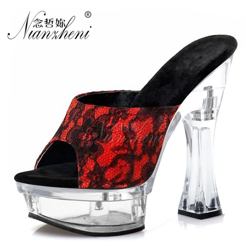 

Sexy lace Mixed colors Crystal Spool heels Fetish 14CM Super High heeled shoes 6 inches Novelty Big Size Cross dressing Stripper